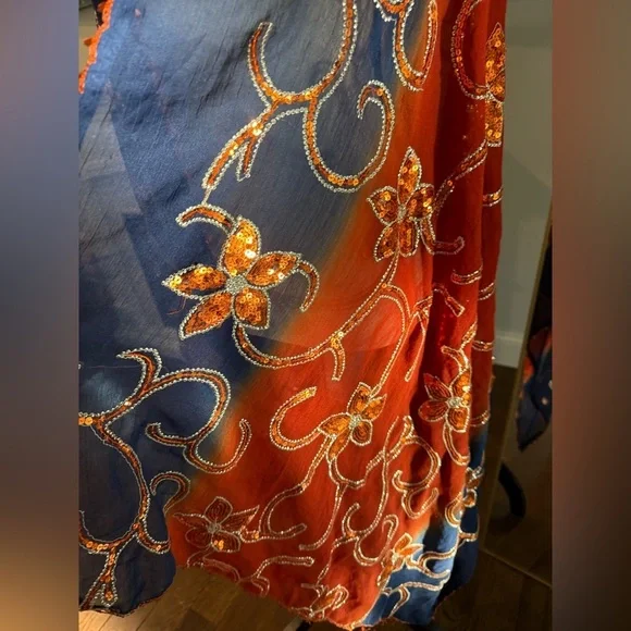 Floral Embroidered Scarf in Red and Blue Large 69”x 33” - Picture 8 of 13